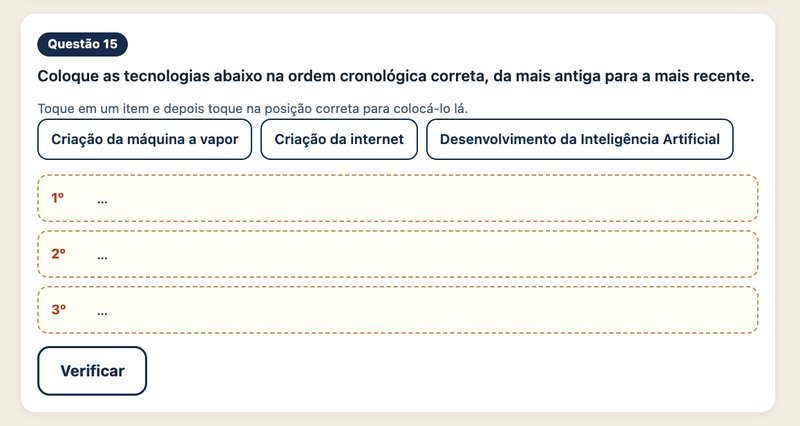Exercício de ordenar tecnologias em ordem cronológica, da máquina a vapor à inteligência artificial
