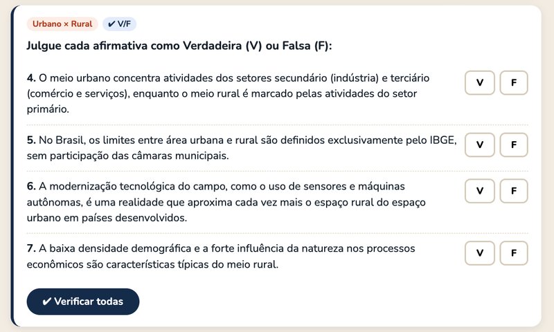 Questões de verdadeiro ou falso sobre características do meio urbano e rural