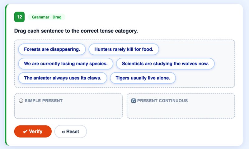 Exercício de arrastar frases em inglês para a categoria Simple Present ou Present Continuous