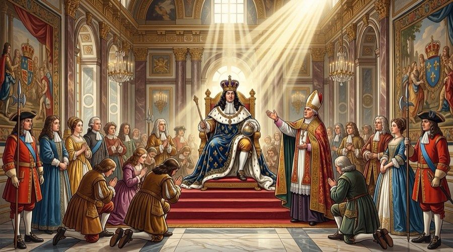 Ilustração de rei absolutista no trono sob luz divina, com bispo ao lado e súditos ajoelhados, simbolizando o direito divino.