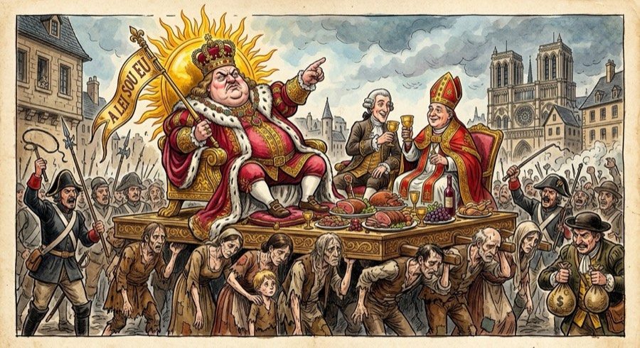 Charge do Antigo Regime: rei sol, nobre e clérigo banqueteiam sobre plataforma carregada por camponeses miseráveis em Paris.