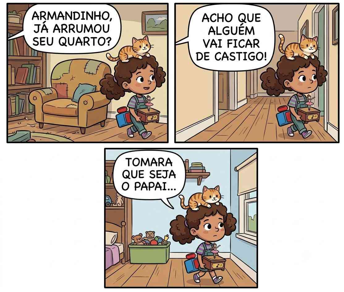Tirinha sobre advérbios: perguntado se arrumou o quarto e avisado de castigo, Armandinho responde: "Tomara que seja o papai..."