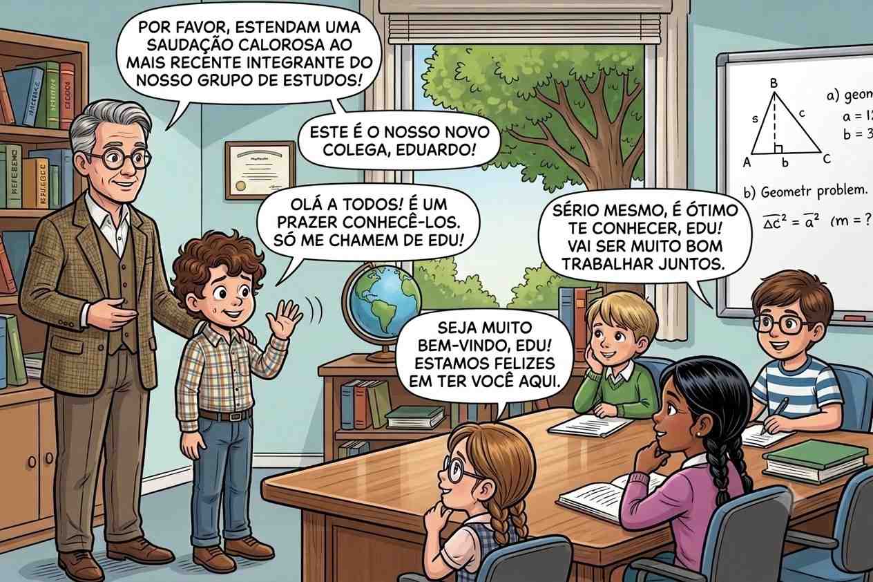 Ilustração em quadrinho: professor apresenta o novo colega Eduardo, que pede para ser chamado de Edu e é recebido pela turma.
