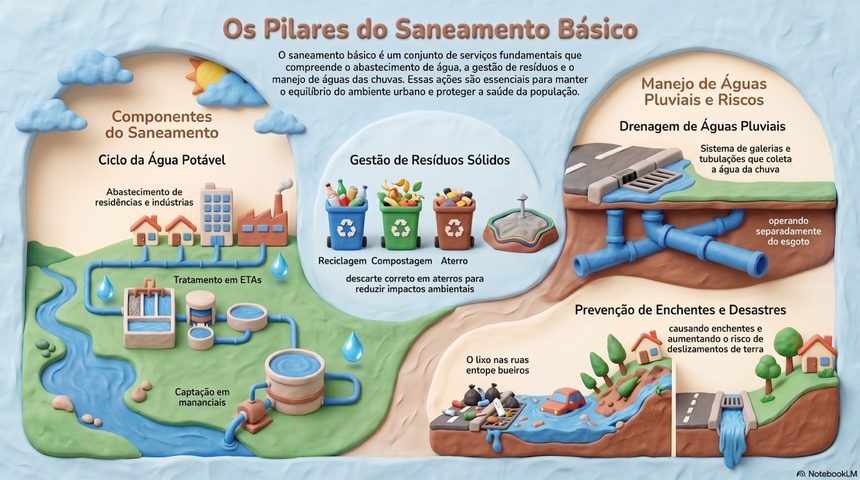 Infográfico sobre os pilares do saneamento básico: água potável, resíduos sólidos, drenagem pluvial e prevenção de enchentes.