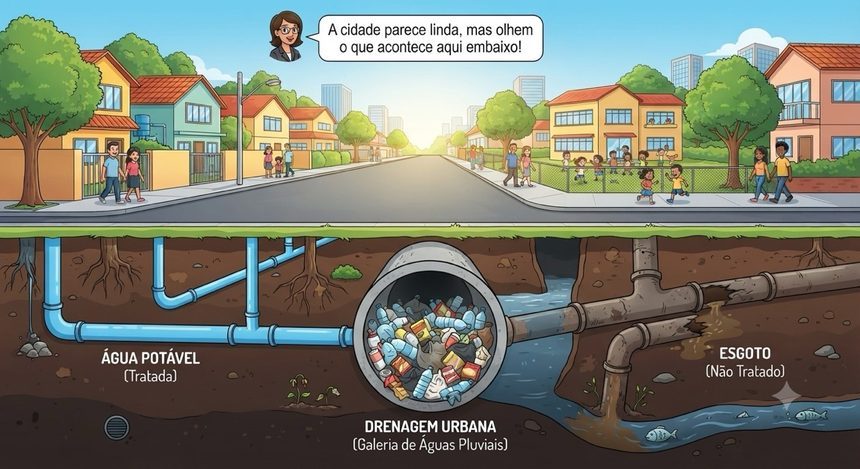 Ilustração de rua com corte do subsolo: tubos de água potável, galeria pluvial entupida de lixo e esgoto sem tratamento.