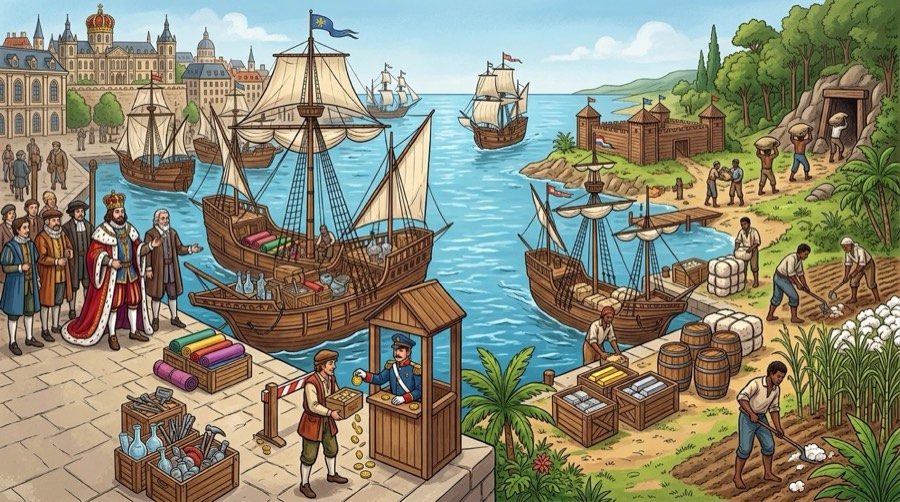 Ilustração do pacto colonial: navios ligam o porto da metrópole à colônia, com mineração, lavouras e produtos embarcados.